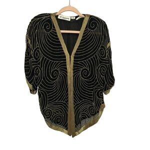 St. Honore Vintage Black & Gold Silk Beaded Flapper Jacket Top